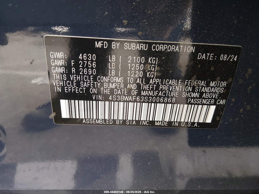 2025 Subaru LEGACY VIN 4S3BWAF63S3006868 IAAI salvage auction — LEFT FRONT, Salvage (California), sold $4,500 on 2026-07-11 (photo 9)