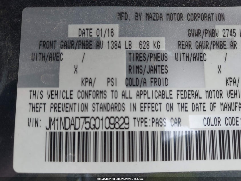 2016 Mazda Mx-5 VIN JM1NDAD75G0109829 IAAI salvage auction — REAR END, Salvage (North Carolina), sold $1,550 on 2026-07-23 (photo 9)