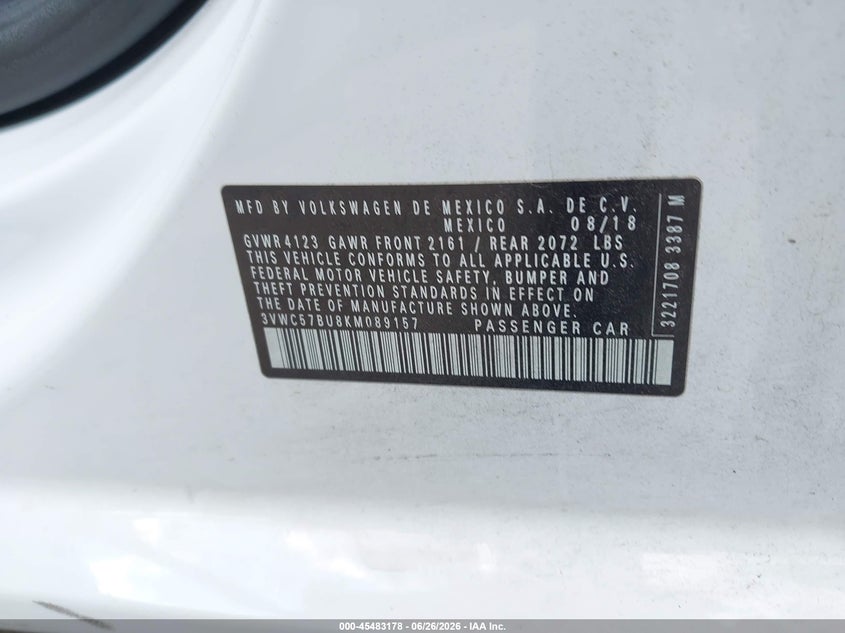 2019 Volkswagen Jetta VIN 3VWC57BU8KM089157 IAAI salvage auction — RIGHT REAR, Salvage (Georgia), sold $3,250 on 2026-07-24 (photo 9)