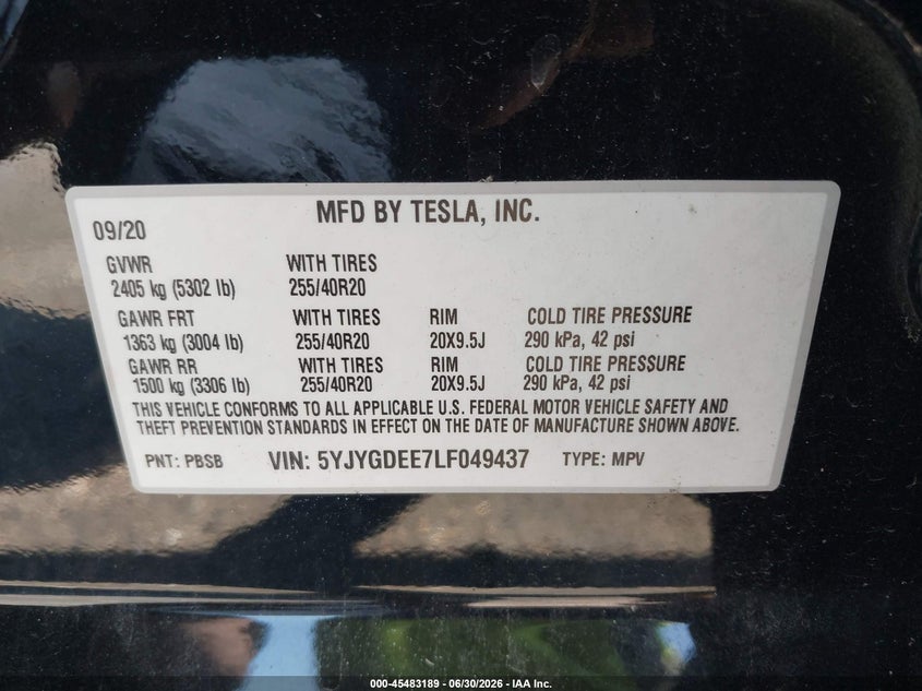2020 Tesla Model y VIN 5YJYGDEE7LF049437 IAAI salvage auction — REAR END, Salvage (Virginia), sold $8,700 on 2026-07-31 (photo 9)