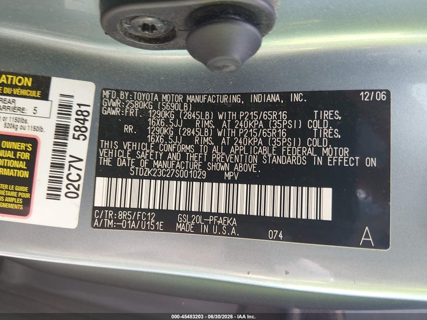 2007 Toyota Sienna VIN 5TDZK23C27S001029 IAAI salvage auction — REAR END, Salvage (Ohio), sold $525 on 2026-07-29 (photo 9)