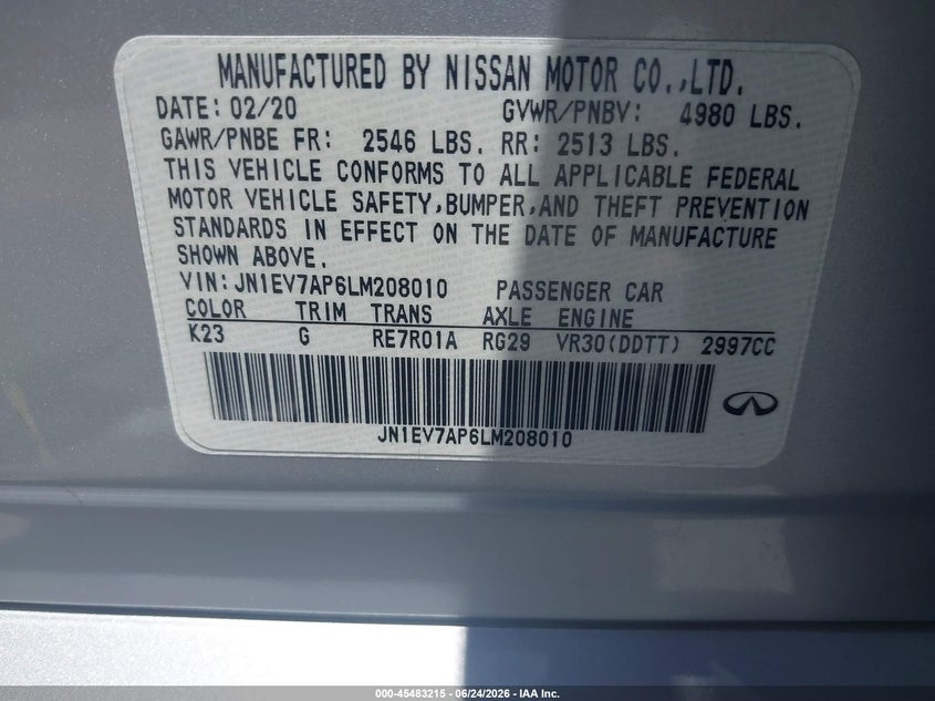 2020 Infiniti Q50 VIN JN1EV7AP6LM208010 IAAI salvage auction — NORMAL WEAR, Salvage Title - Dealer (California), sold $3,350 on 2026-07-29 (photo 9)