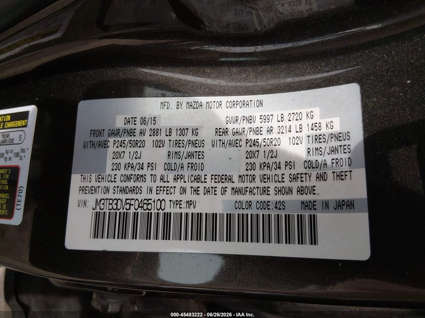 2015 Mazda Cx-9 VIN JM3TB3DV5F0465100 IAAI salvage auction — SIDE, Salvage (Pennsylvania), sold $1,150 on 2026-07-17 (photo 9)