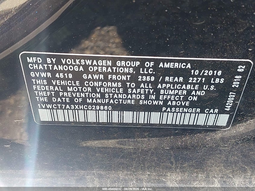 2017 Volkswagen Passat VIN 1VWCT7A3XHC029860 IAAI salvage auction — FRONT END, Salvage - 75% Or Less (Maryland), sold $1,900 on 2026-07-09 (photo 9)