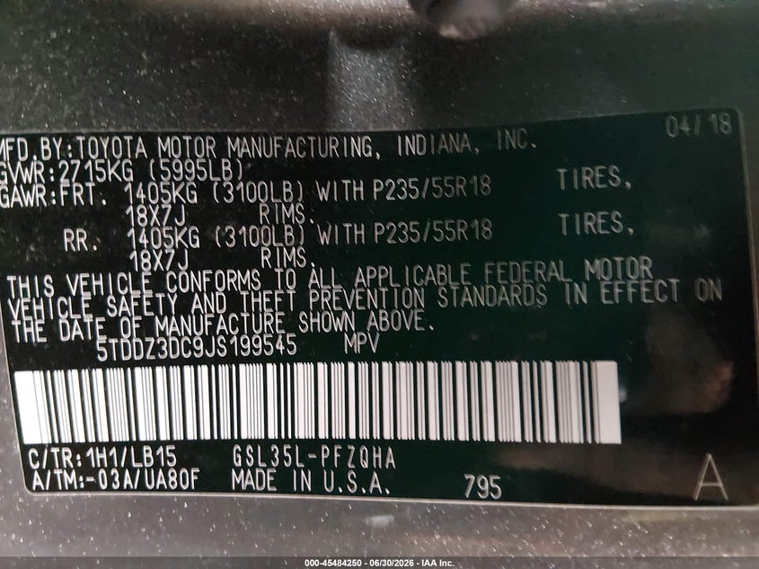 2018 Toyota Sienna VIN 5TDDZ3DC9JS199545 IAAI salvage auction — FRONT END, Junk Bill Of Sale Mv2459 (Wisconsin), sold $25 on 2026-07-21 (photo 9)