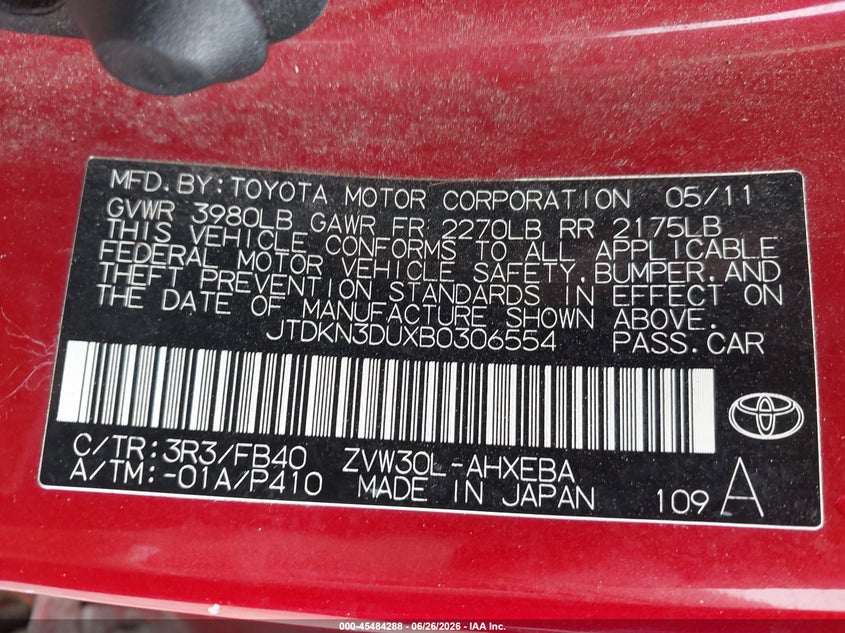 2011 Toyota Prius VIN JTDKN3DUXB0306554 IAAI salvage auction — NORMAL WEAR, Original (Maine), sold $1,225 on 2026-08-01 (photo 9)