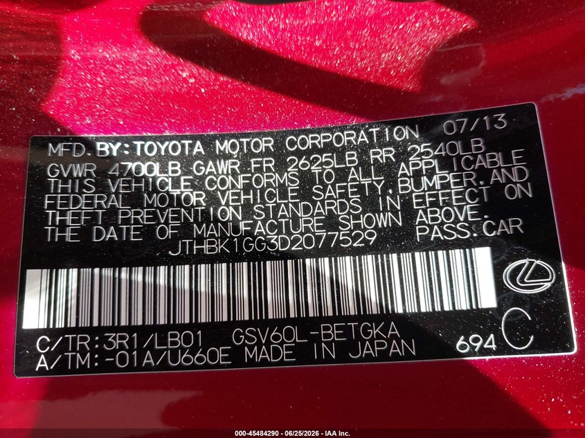 2013 Lexus ES VIN JTHBK1GG3D2077529 IAAI salvage auction — FRONT END, Salvage (California), sold $3,500 on 2026-07-20 (photo 9)