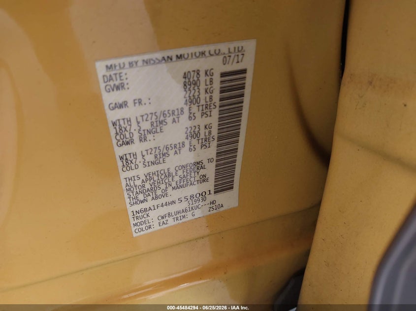 2017 Nissan TITAN VIN 1N6BA1F44HN558001 IAAI salvage auction — LEFT SIDE, Rebuildable (Florida), sold $8,000 on 2026-07-29 (photo 9)
