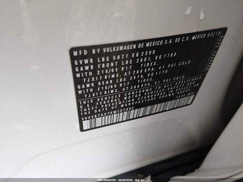 2019 Volkswagen Tiguan VIN 3VV2B7AX7KM101402 IAAI salvage auction — SIDE, Clear (Indiana), sold $3,800 on 2026-07-26 (photo 9)