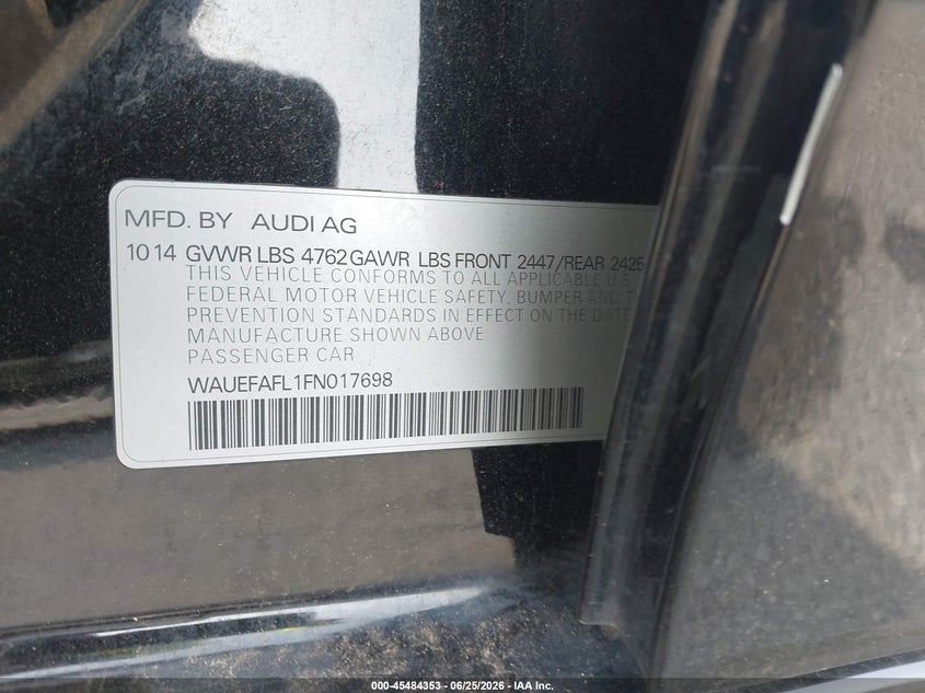 2015 Audi A4 VIN WAUEFAFL1FN017698 IAAI salvage auction — NORMAL WEAR, Clear-Dealer Only (North Carolina), sold $475 on 2026-07-29 (photo 9)