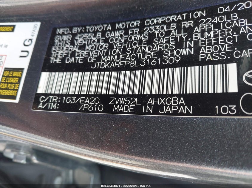 2020 Toyota Prius VIN JTDKARFP8L3161309 IAAI salvage auction — FRONT END, Salvage Title, sold $4,750 on 2026-07-28 (photo 9)