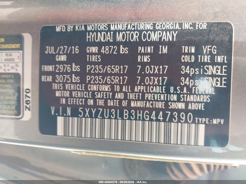 2017 Hyundai Santa fe VIN 5XYZU3LB3HG447390 IAAI salvage auction — LEFT FRONT, Salvage (Alabama), sold $25 on 2026-07-28 (photo 9)