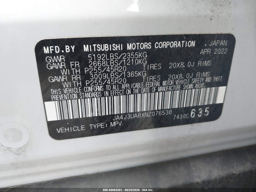 2022 Mitsubishi Outlander VIN JA4J3UA8XNZ076538 IAAI salvage auction — REAR END, Wait Title, sold $7,550 on 2026-08-20 (photo 9)