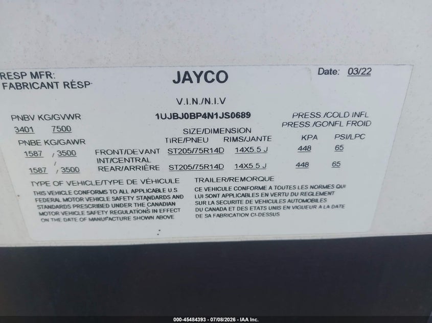 2022 Jayco Jfeather24bh VIN 1UJBJ0BP4N1JS0689 IAAI salvage auction — SIDE, Clear (Arkansas), sold $8,050 on 2026-08-12 (photo 9)