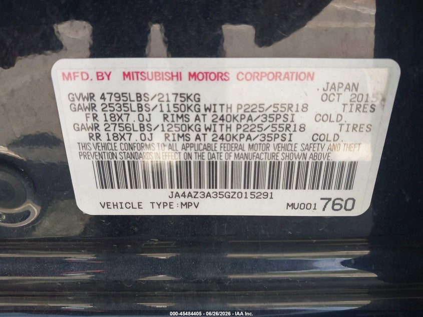 2016 Mitsubishi Outlander VIN JA4AZ3A35GZ015291 IAAI salvage auction — ROOF, Salvage Title, sold $825 on 2026-07-23 (photo 9)