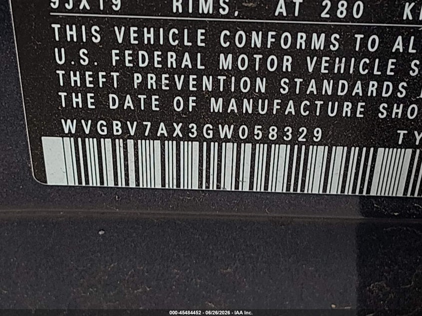 2016 Volkswagen Tiguan VIN WVGBV7AX3GW058329 IAAI salvage auction — FRONT & REAR, Clear (New Jersey), sold $2,500 on 2026-07-14 (photo 9)