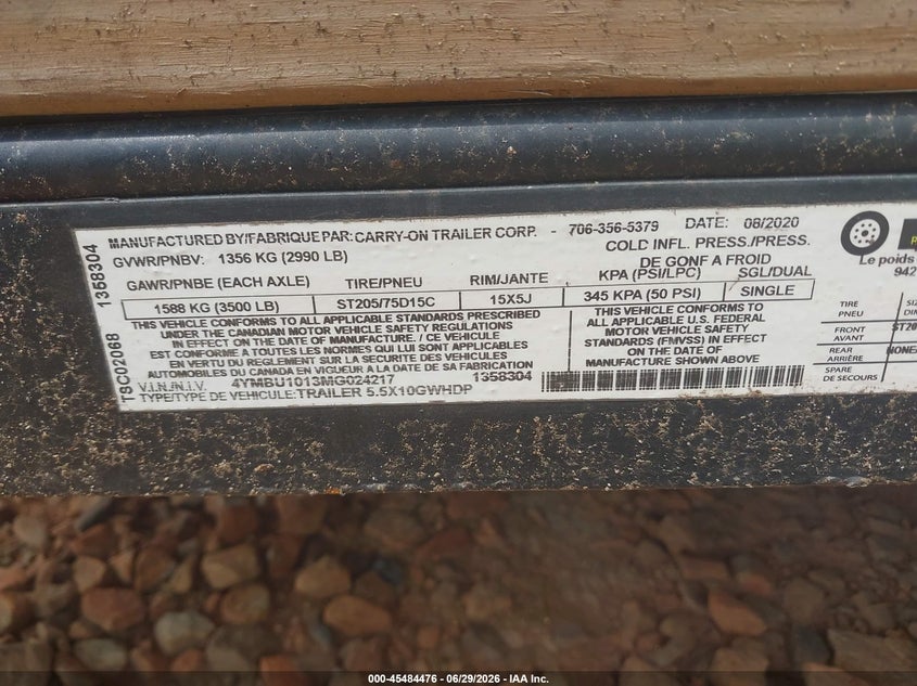 2020 Carry on 5.5 x 10 VIN 4YMBU1013MG024217 IAAI salvage auction — ALL OVER, Bill Of Sale (Georgia), sold $125 on 2026-07-09 (photo 9)