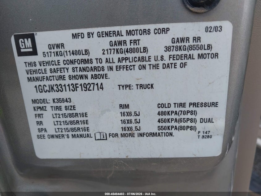 2003 Chevrolet Silverado 3500 VIN 1GCJK33113F192714 IAAI salvage auction — HAIL, Salvage (Kansas), sold $8,100 on 2026-07-24 (photo 8)