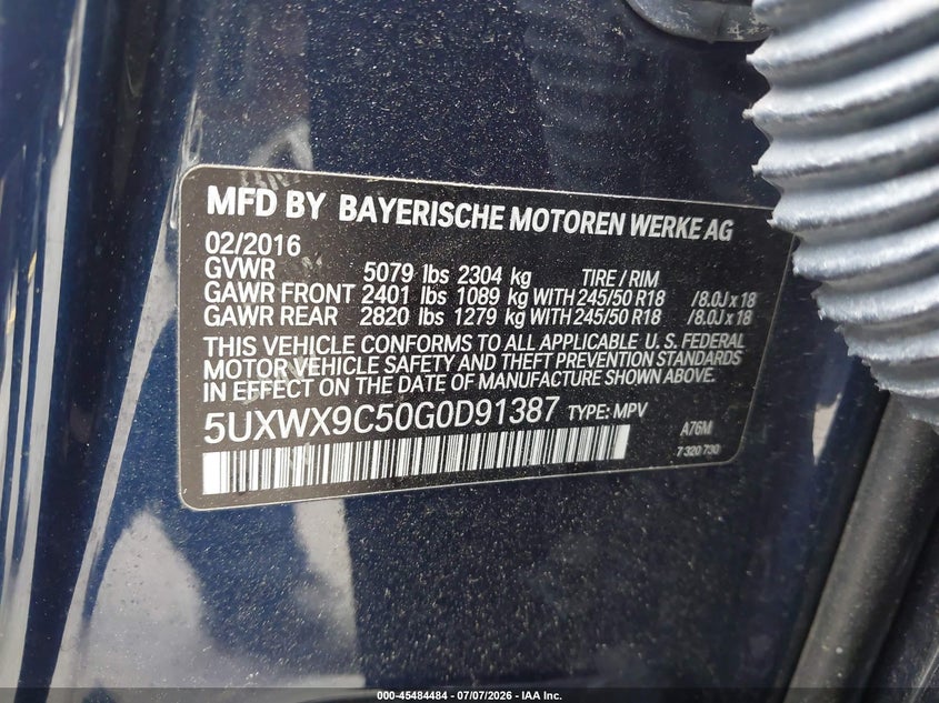 2016 BMW X3 VIN 5UXWX9C50G0D91387 IAAI salvage auction — FRONT END, Mv-907A (New York), sold $1,350 on 2026-07-10 (photo 9)