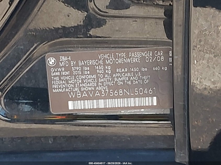 2008 BMW 3 series VIN WBAVA37568NL50461 IAAI salvage auction — RIGHT SIDE, Salvage (California), sold $950 on 2026-07-14 (photo 9)