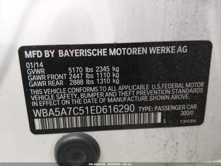 2014 BMW 5er VIN WBA5A7C51ED616290 IAAI salvage auction — NORMAL WEAR, Clear (Montana), sold $450 on 2026-08-05 (photo 9)