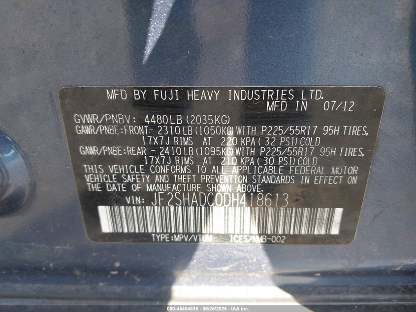 2013 Subaru Forester VIN JF2SHADC0DH418613 IAAI salvage auction — NORMAL WEAR, Clear (Pennsylvania), sold $425 on 2026-07-30 (photo 9)