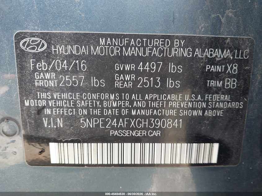 2016 Hyundai Sonata VIN 5NPE24AFXGH390841 IAAI salvage auction — FRONT END, Salvage (Ohio), sold $825 on 2026-07-10 (photo 9)