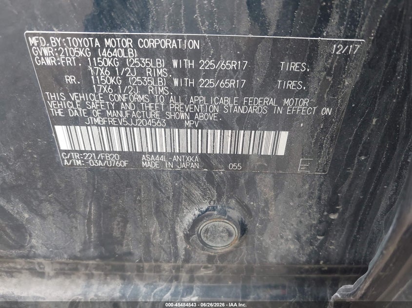 2018 Toyota Rav 4 VIN JTMBFREV5JJ204563 IAAI salvage auction — VANDALISM, Salvage (Vermont), sold $2,150 on 2026-07-30 (photo 9)