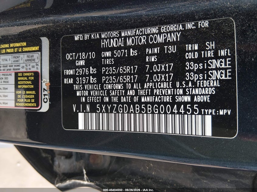 2011 Hyundai Santa fe VIN 5XYZGDAB5BG004455 IAAI salvage auction — NORMAL WEAR, Original (New Hampshire), sold $450 on 2026-07-08 (photo 9)
