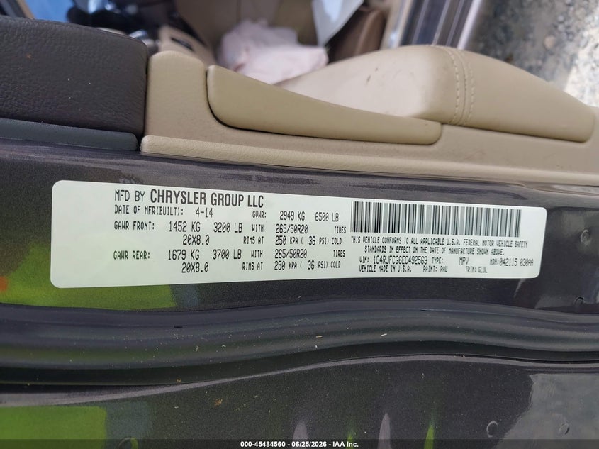 2014 Jeep Grand cherokee VIN 1C4RJFCG6EC492569 IAAI salvage auction — NORMAL WEAR, Clear (Florida), sold $1,350 on 2026-07-22 (photo 9)
