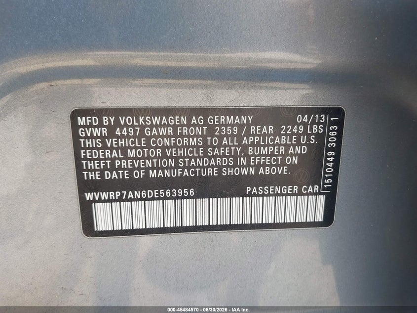 2013 Volkswagen Passat cc VIN WVWRP7AN6DE563956 IAAI salvage auction — REAR END, Clear (Massachusetts), sold $875 on 2026-07-09 (photo 9)