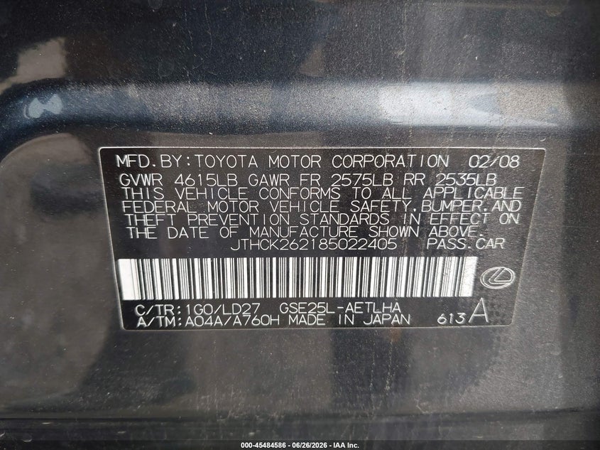 2008 Lexus Is 250 VIN JTHCK262185022405 IAAI salvage auction — LEFT SIDE, Salvage (Pennsylvania), sold $300 on 2026-07-28 (photo 9)