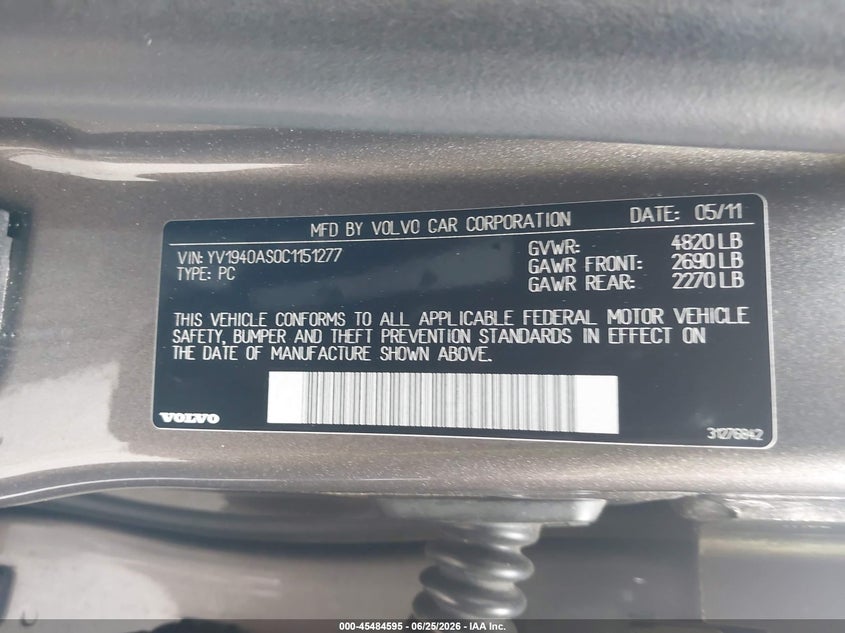 2012 Volvo S80 VIN YV1940AS0C1151277 IAAI salvage auction — FRONT END, Salvage (California), sold $950 on 2026-07-15 (photo 9)