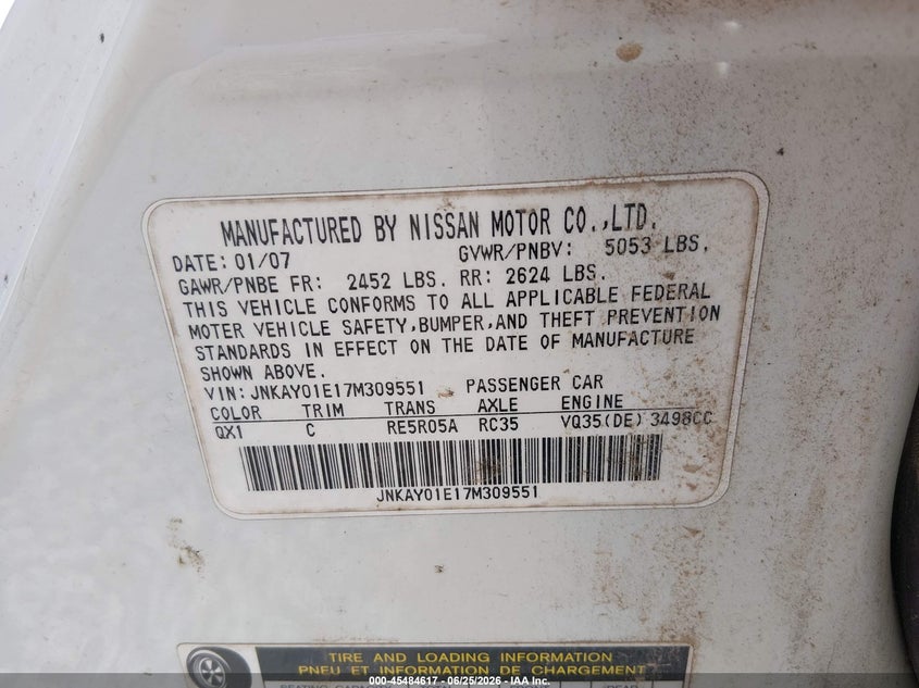 2007 Infiniti M35 VIN JNKAY01E17M309551 IAAI salvage auction — FRONT & REAR, Salvage (Alabama), sold $25 on 2026-07-23 (photo 9)