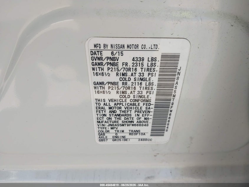 2015 Nissan Rogue VIN JN8AS5MT9FW666848 IAAI salvage auction — FRONT END, Salvage (California), sold $900 on 2026-07-14 (photo 9)