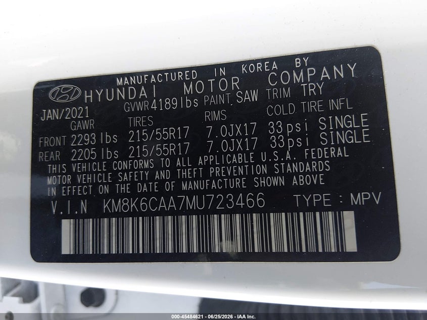 2021 Hyundai Kona VIN KM8K6CAA7MU723466 IAAI salvage auction — FRONT END, Salvage (Nevada), sold $3,950 on 2026-07-31 (photo 9)