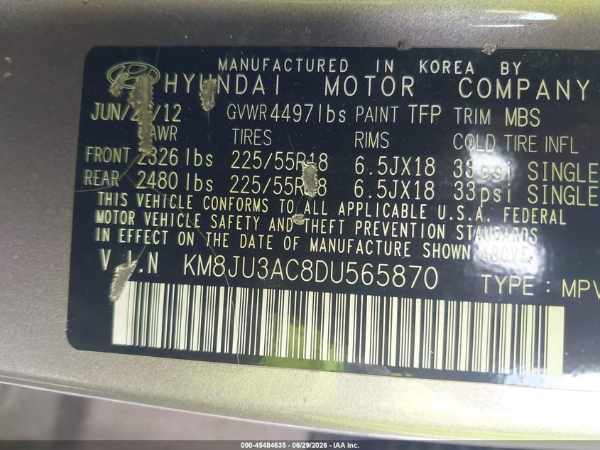 2013 Hyundai Tucson VIN KM8JU3AC8DU565870 IAAI salvage auction — NORMAL WEAR, Clear (Pennsylvania), sold $2,300 on 2026-07-17 (photo 9)