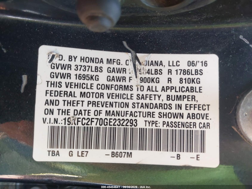 2016 Honda Civic VIN 19XFC2F70GE232293 IAAI salvage auction — FRONT END, Salvage - Greater Than 75% (Maryland), sold $2,500 on 2026-09-03 (photo 9)