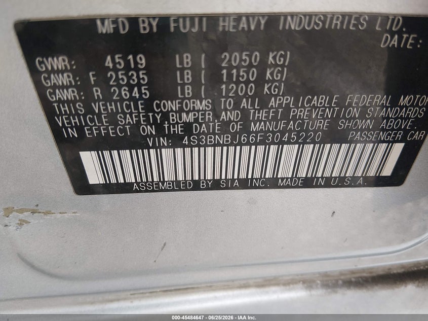 2015 Subaru LEGACY VIN 4S3BNBJ66F3045220 IAAI salvage auction — LEFT SIDE, Clear (Indiana), sold $2,150 on 2026-07-29 (photo 9)