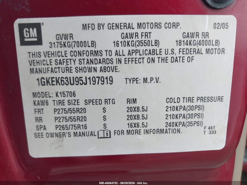 2005 Gmc Yukon VIN 1GKEK63U05J216549 IAAI salvage auction — NORMAL WEAR, Salvage Title - Dealer (California), sold $1,275 on 2026-07-09 (photo 9)