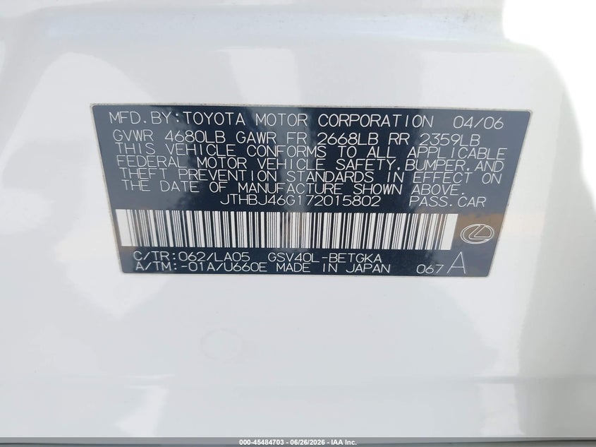 2007 Lexus Es 350 VIN JTHBJ46G172015802 IAAI salvage auction — REAR END, Salvage (California), sold $2,350 on 2026-07-13 (photo 9)