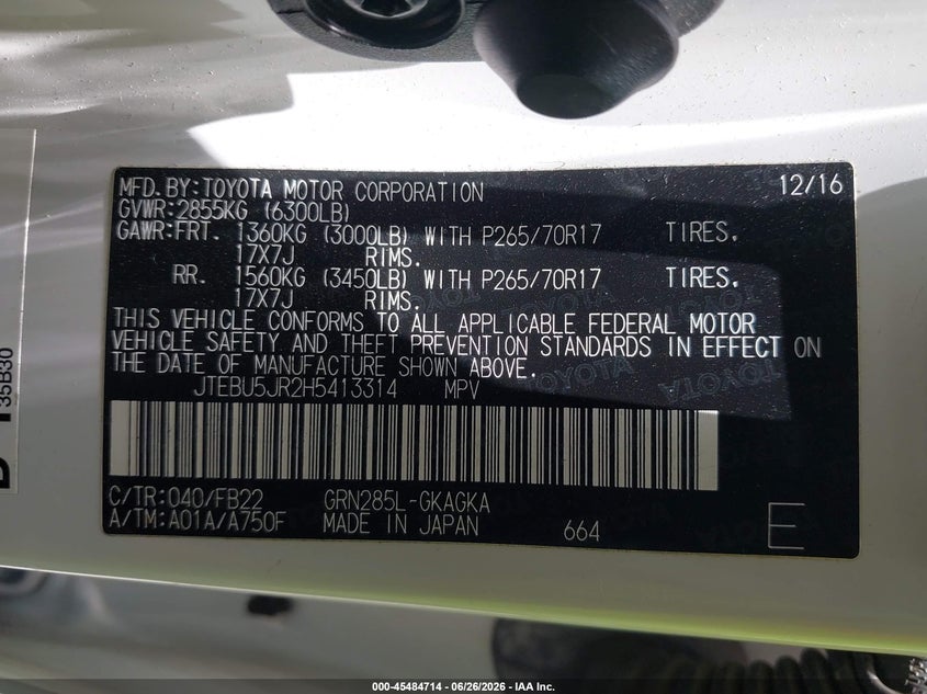 2017 Toyota 4runner VIN JTEBU5JR2H5413314 IAAI salvage auction — FRONT END, Original (Texas), sold $7,700 on 2026-08-21 (photo 9)