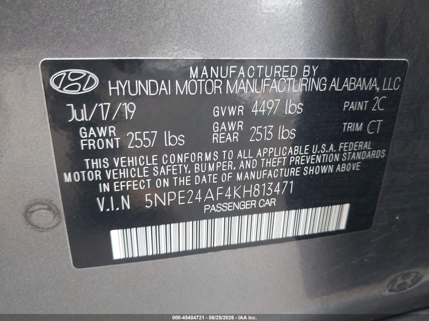 2019 Hyundai Sonata VIN 5NPE24AF4KH813471 IAAI salvage auction — REAR END, Salvage (Arizona), sold $2,750 on 2026-07-05 (photo 9)