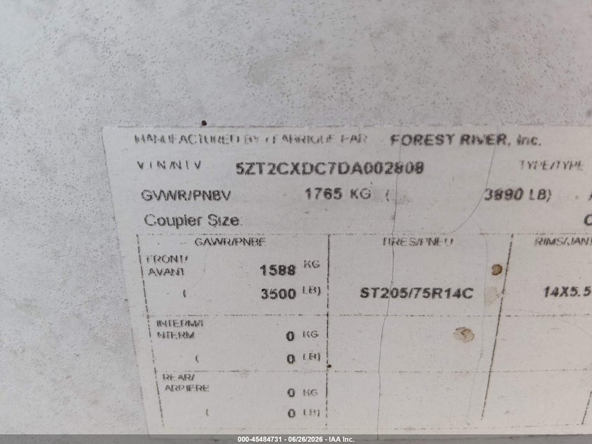 2013 Forest river Coachmen apex VIN 5ZT2CXDC7DA002808 IAAI salvage auction — HAIL, Salvage (Missouri), sold $1,100 on 2026-07-30 (photo 9)