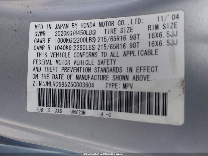 2005 Honda Cr-v VIN JHLRD68525C003604 IAAI salvage auction — LEFT FRONT, Rebuildable (Florida), sold $650 on 2026-07-12 (photo 9)