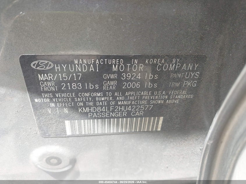 2017 Hyundai Elantra VIN KMHD84LF2HU422577 IAAI salvage auction — REAR END, Rebuildable (Florida), sold $3,975 on 2026-07-16 (photo 9)