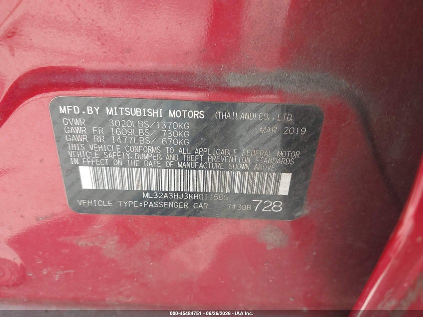 2019 Mitsubishi Mirage VIN ML32A3HJ3KH011585 IAAI salvage auction — FRONT END, Salvage (North Carolina), sold $1,350 on 2026-07-16 (photo 9)