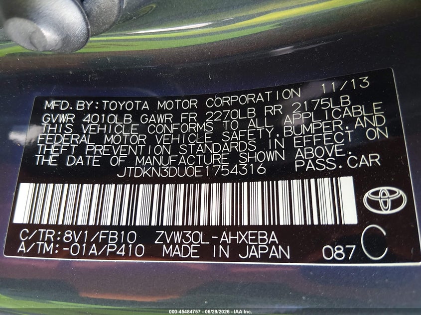 2014 Toyota Prius VIN JTDKN3DU0E1754316 IAAI salvage auction — LEFT FRONT, Salvage (Kansas), sold $1,400 on 2026-07-22 (photo 9)