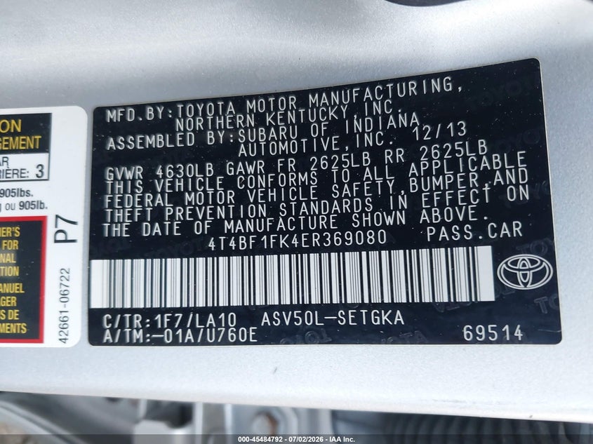2014 Toyota Camry VIN 4T4BF1FK4ER369080 IAAI salvage auction — FRONT END, Salvage - Greater Than 75% (Maryland), sold $3,050 on 2026-07-26 (photo 9)