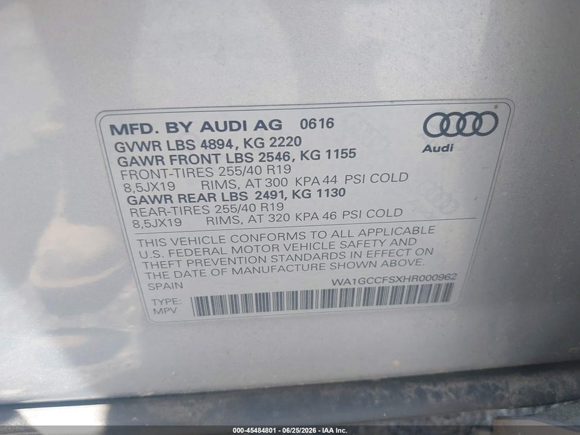 2017 Audi Q3 VIN WA1GCCFSXHR000962 IAAI salvage auction — REAR END, Mv-907A (New York), sold $2,500 on 2026-07-14 (photo 9)